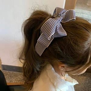 Koreanisch Süß Kariert Schleife Haarclip Für Damen Elegant Schwarz Weiß Gingham Stoff Bananen Clip Feenstil Pferdeschwanz Haarschmuck