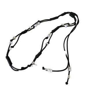 Bohemian style woven waist chain with black braided rope and silver metallic beads