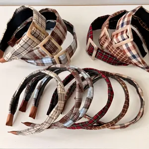 British style vintage plaid headband with square buckle and wide brim design for women