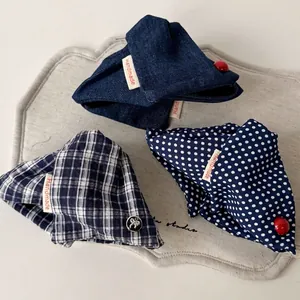Handmade fabric hair clips in plaid, polka dots and denim with red button charms