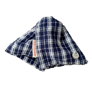 Blue and white checkered fabric hair claw clip with handmade tag and silver bow charm
