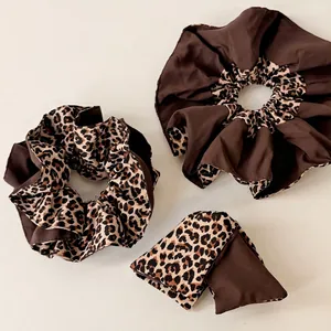 Brown leopard print scrunchie set and matching headscarf with stylish patchwork design