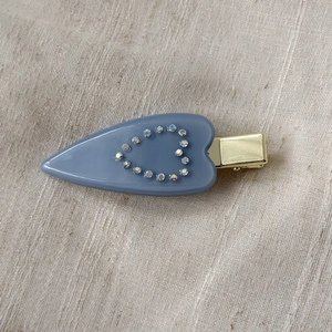 Blue acetate heart hair clip with sparkling rhinestones and gold metal duckbill clamp