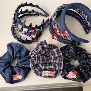 Navy Blue Plaid Polka Dot Denim Fabric Hairband Scrunchie Set Red Bow Button Korean Style Hair Accessories For Women Girls