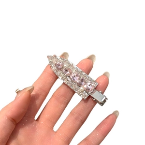 Sparkling pink rhinestone hair clip with small pearls and silver base for women