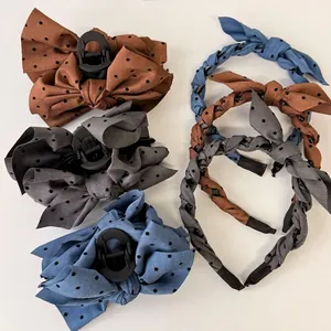 Polka dot bow hair clips and headbands set in brown, gray, and blue tones for women