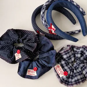 Retro navy plaid and polka dot headband set with red buttons and matching hair ties