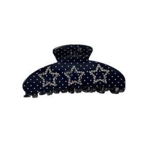 Navy blue polka dot hair claw clip with three rhinestone encrusted stars for women