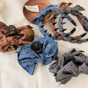 Polka dot bow hair clips and non-slip headbands set in vintage brown, blue and grey colors