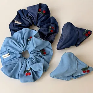 Korean Style Denim Cherry Embroidery Hair Clip And Scrunchie Set Vintage Sweet Blue Fabric Hair Ties For Women Girls