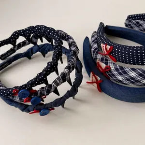 Navy plaid headband set with red bow button, handmade high-top non-slip hair accessory