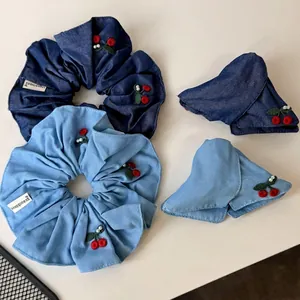 Denim hair clip and scrunchie set with red cherry embroidery and white pearl accents