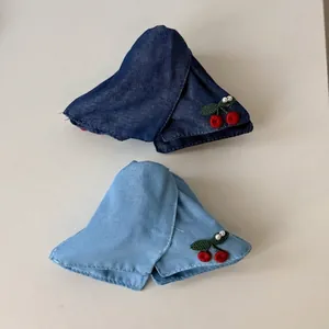 Vintage denim hair claw with cherry embroidery and white pearls in blue and light blue