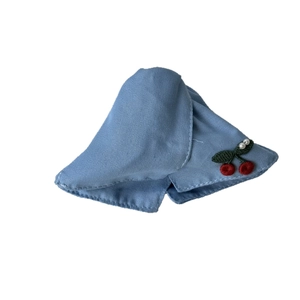Blue denim sun hat for kids featuring red cherry embroidery and white pearl accents