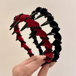 French Vintage Velvet Wrapped Headband For Women Twisted Braid Hair Band With Anti-Slip Teeth Beaded Studded Hair Hoop Accessory