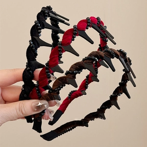 Three-piece velvet twisted headband set with beads and non-slip teeth for women