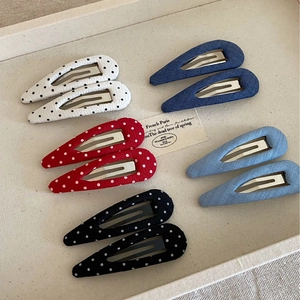 Set of 10 teardrop fabric BB hair clips with red and black polka dots and denim patterns