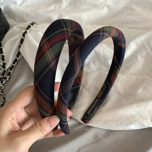 Vintage British Style Plaid Headband For Women Dark Blue Tartan Fabric Hair Band Handmade Preppy Style Hair Accessories