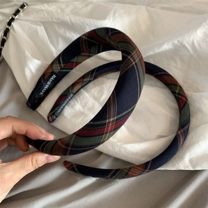 British style plaid headband with classic navy blue tartan pattern and handmade label