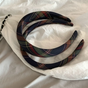 British style plaid headband set with wide sponge and thin tartan hair hoops in classic blue