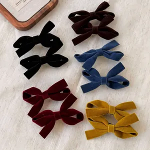 Vintage velvet bow hair clips set in black, coffee, navy, burgundy, and yellow colors