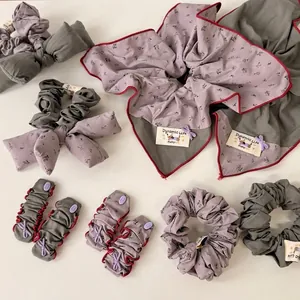 Korean Style Floral Fabric Scrunchie Hair Ties Bow Headband BB Clips Set Gray Purple Sweet Handmade Hair Accessories For Women