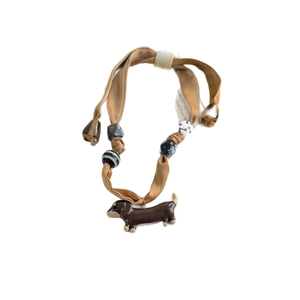 Vintage dachshund champagne ribbon necklace with silk band and assorted decorative beads