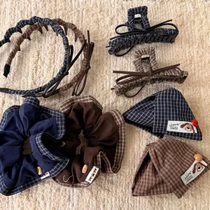 Retro Checkered Fabric Wrapped Hair Clip Bow Knot Hairband Scrunchies For Women Korean Style Sweet Hair Accessories