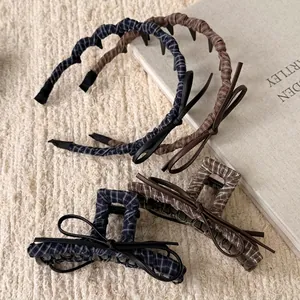 Vintage checkered triangle hair claw clips and headbands set with stylish leather bows