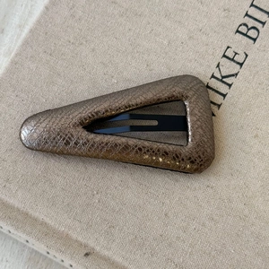 Detail of triangle BB clip with bronze snakeskin texture on a canvas book background