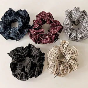 Vintage Plaid Cloth Scrunchies Women Retro Checkered Fabric Hair Ties Double Layer Handmade Elastic Hair Bands Accessory