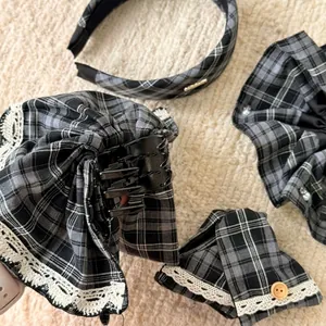 British style plaid hair accessories set with lace trim and wooden button details