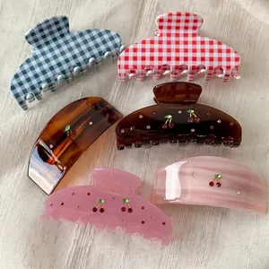 Elegant Acetate Cherry Hair Claw Clip For Women Sweet Rhinestone Fruit Pattern Shark Clip Plaid Grid Hairpins Jewelry