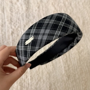 Retro black grey plaid sponge headband with a handmade metal tag for women hair accessory