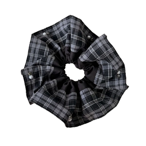 Vintage checkered and satin scrunchie with faux pearls and rhinestones decoration