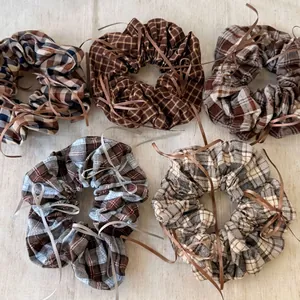 Ballet Style Ribbon Bow Checkered Scrunchies For Women Plaid Hair Ties Sweet Preppy Large Intestine Hair Rings Handmade Accessories