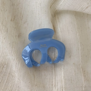 Detail of light blue acetate hair claw clip with golden Barrette La France text logo