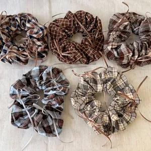 5-piece ballet style plaid scrunchies set with ribbons in vintage brown and blue colors