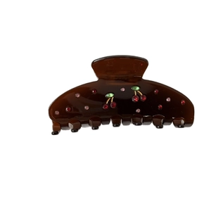 Elegant dark brown acetate hair claw clip featuring red rhinestone cherry pattern for women