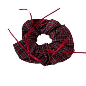 Red and black plaid scrunchie with delicate silk ribbon bows for balletcore hair styling