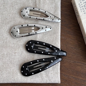 Chic polka dot teardrop BB hair clips set with silver and black textured faux leather finish