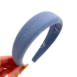 French style sea salt blue fabric headband with white bow print and padded top design