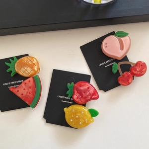 Cute Korean acetate fruit hair clips set featuring watermelon cherry lemon designs