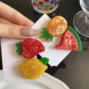 Cute fruit hair clips set with strawberries, lemon and watermelon sparkling rhinestones