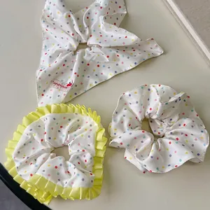 Accessoire Cheveux Coréen Doux Foulard Carré en Tissu à Pois Arc-en-Ciel et Chouchou à Volants pour Femmes Filles