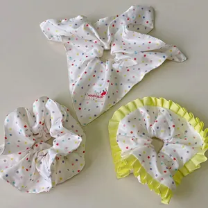 Set de chouchous et bandeau à pois arc-en-ciel style coréen en mousseline blanche