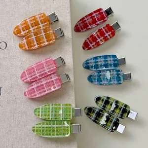 Sweet Candy Color Plaid Hair Clips Acrylic Grid Glitter Duckbill Pins Korean Style Side Hair Accessories For Women Girls Styling