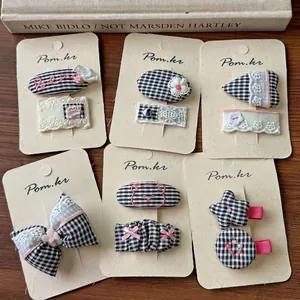 Sweet Korean Style Black White Checkered Bow Hair Clips For Girls Fabric Lace Star Heart Bear Pattern Kids Snap Clips Hair Accessories