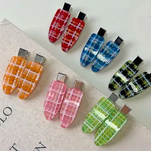 Checkerboard pattern hair clips in six candy colors with glitter finish for women