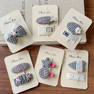Set of 6 Korean style black and white plaid bow and star fabric hair clips for girls